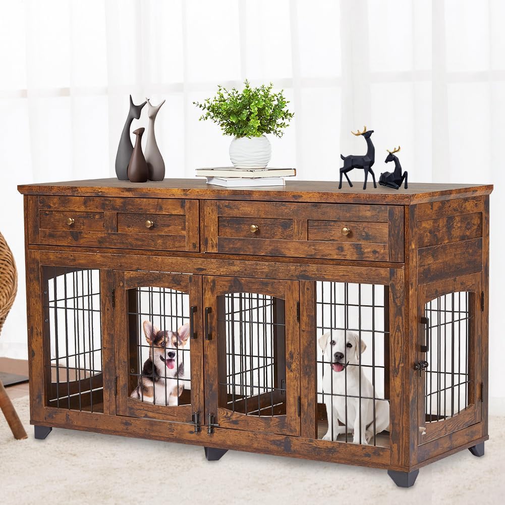 Large Dog Crate Furniture, Double Dog Kennel Furniture with 2 Drawers and Removable Divider, XXL Heavy Duty Wood Dog Crate Table for 2 Dogs Indoor (Rustic Brown, 58in)
