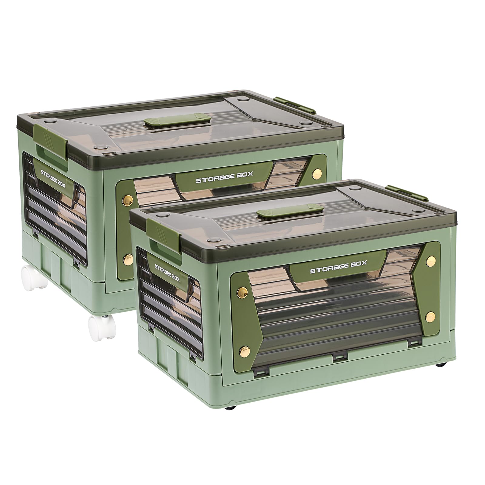 BTSKY 2 Pack Plastic 4 Doors Collapsible Storage Bins with Lid & Wheels Foldable Lidded Storage Box with Handle Slots Stackable Folding Organizer Cube for Camping Clothes Toys Storage Containers,Green