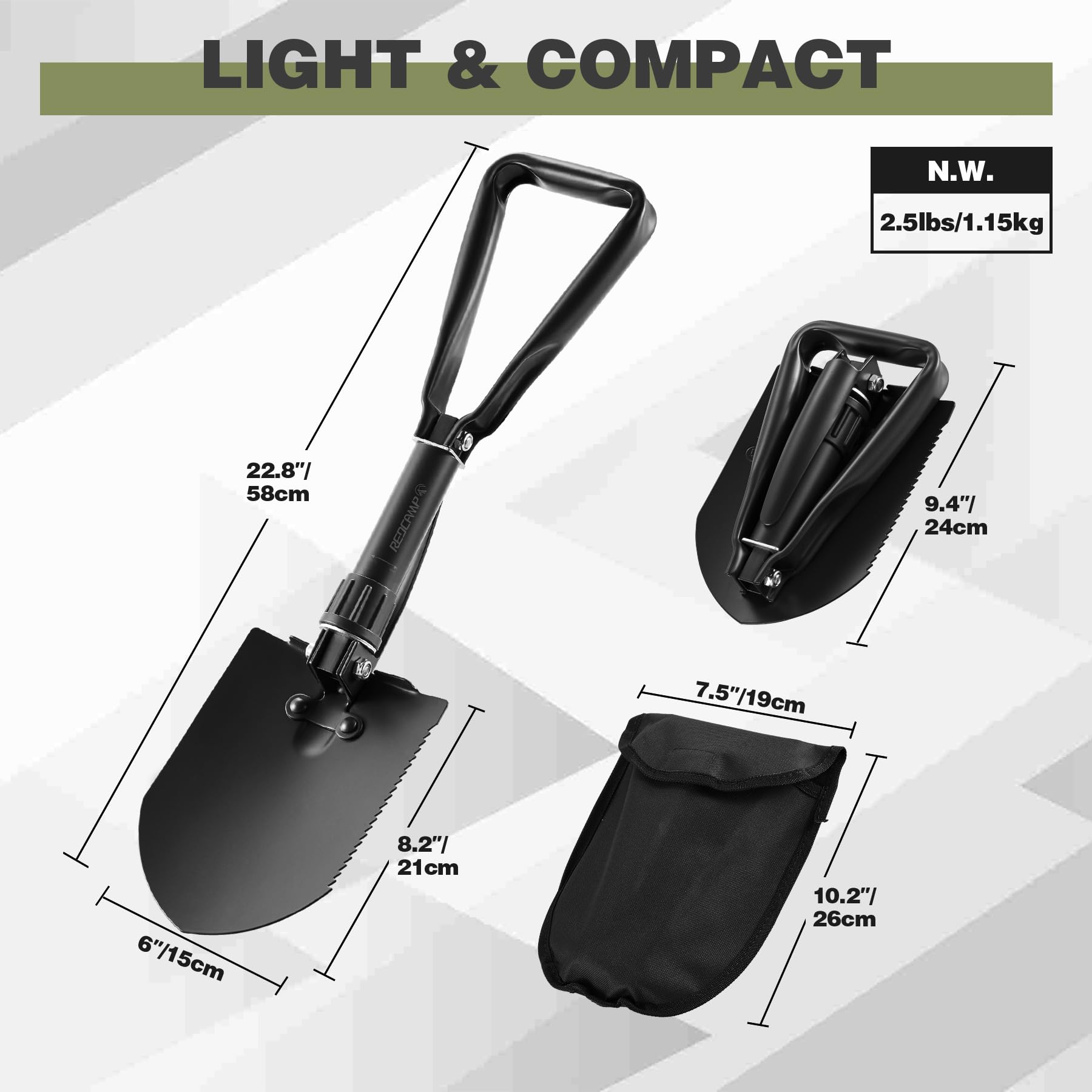 REDCAMP Pelle de camping pliante de survie de 58,4 cm avec housse, pelle robuste en acier au manganèse, outil d'enfoncement tactique avec poignée à trois volets, noire, 1,4 kg