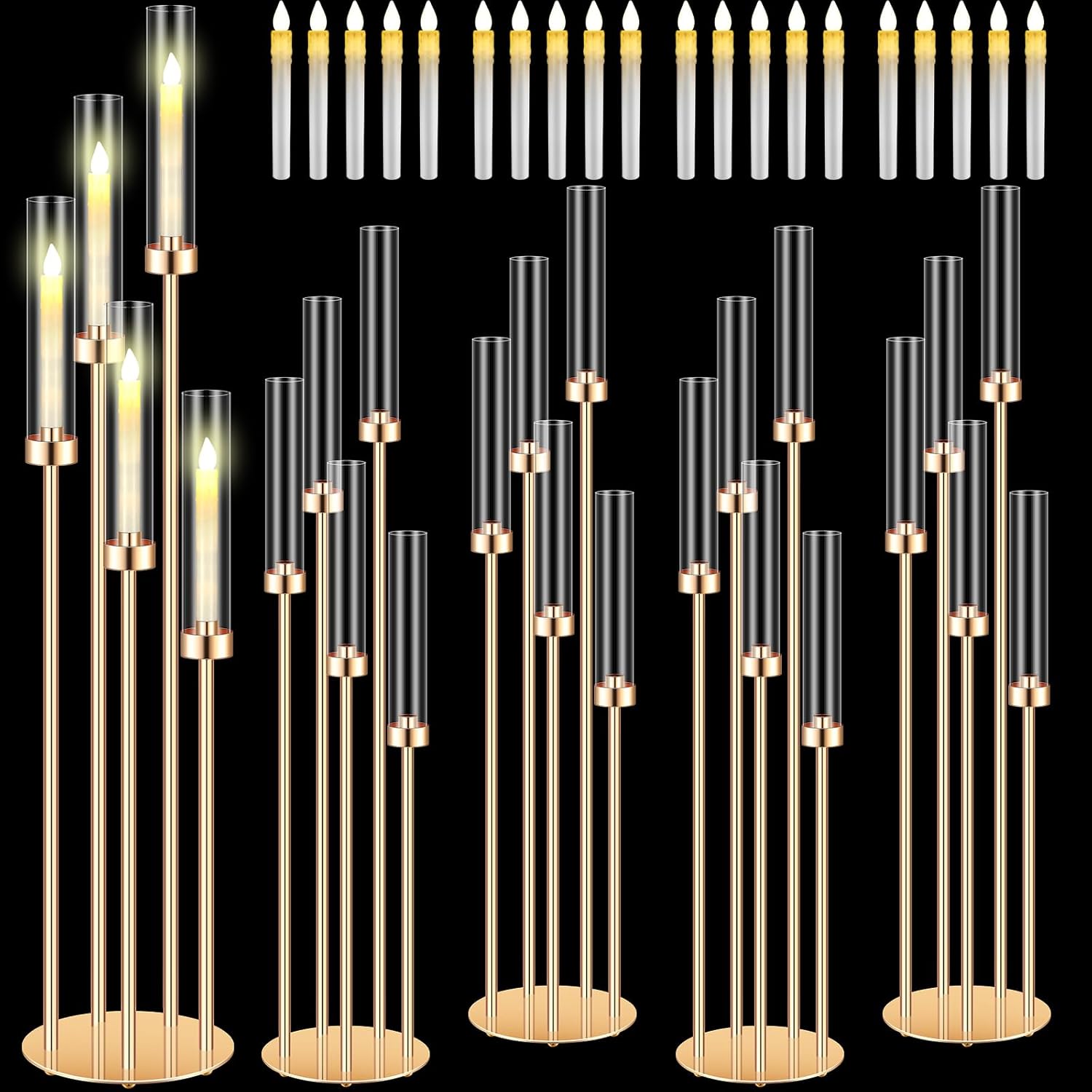 Tandefio 4 Sets Acrylic Candelabra Centerpieces 42.5" Tall Clear Candle Holders Pillar Taper Candlestick with Lampshades 5 Arm Floor Candelabra Stand for Wedding Christmas Ceremony Dinner Party