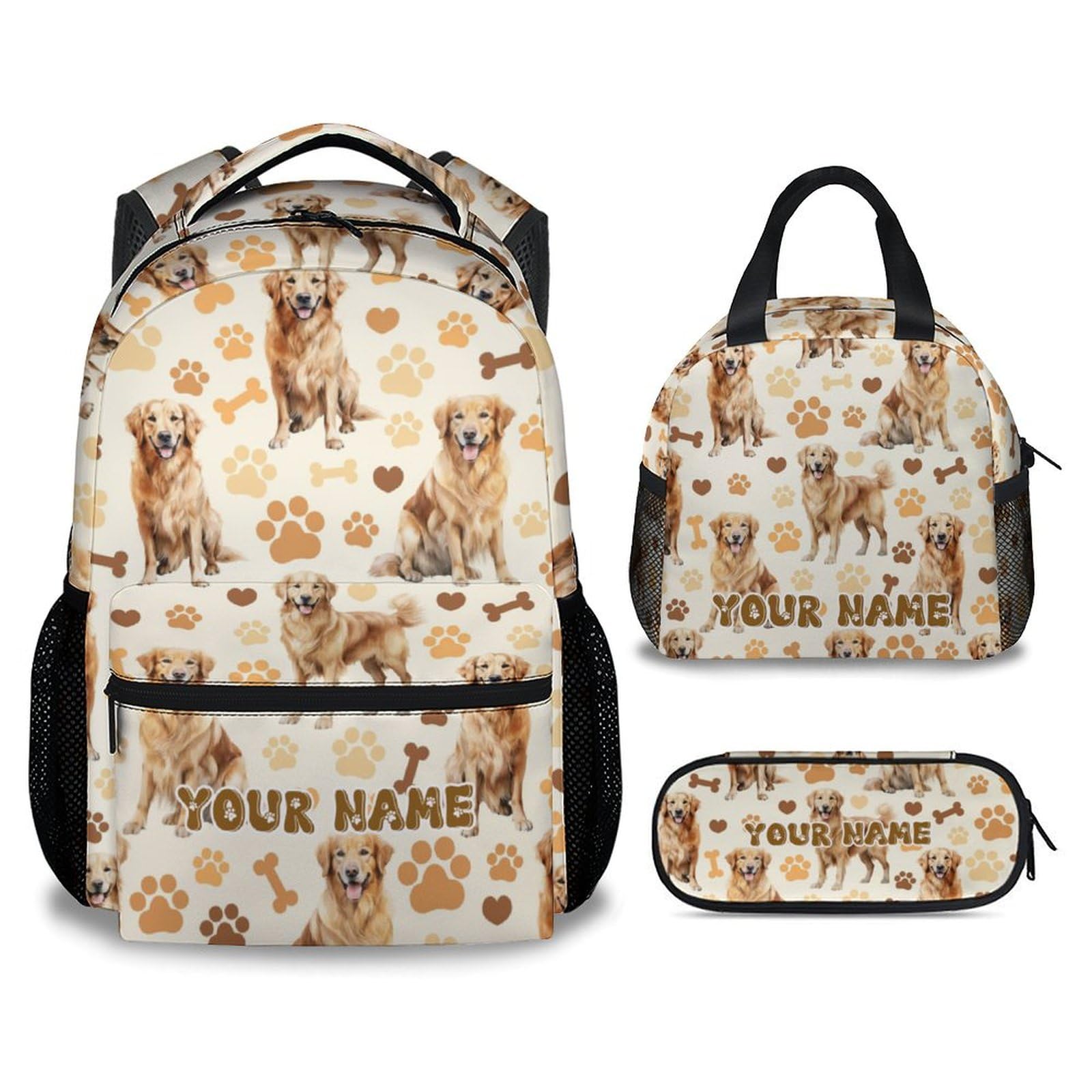 XaocNyx Kids Backpack with Lunch Box, 3 in 1 Custom Cute Dog Bookbag for Elementary Middle, 17 Inch Golden Retrievers School Bag Set for School Travel