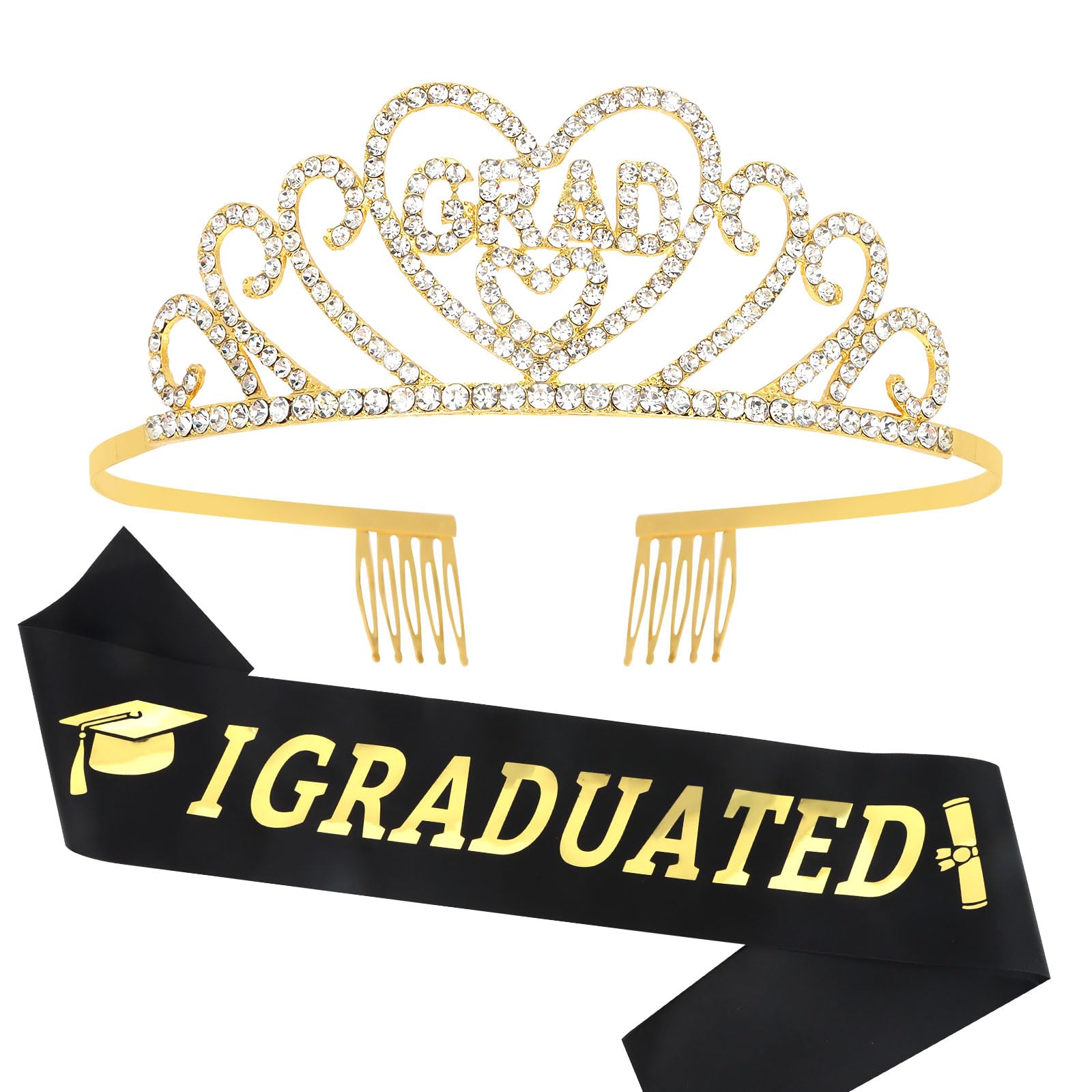 CAVETEE Graduation Crown and Sash Set, Gold 'I Graduated' 2024 Congratulations Party Decorations, Women's Grad Tiara and Sash, 2024 Grad Cap Decorations