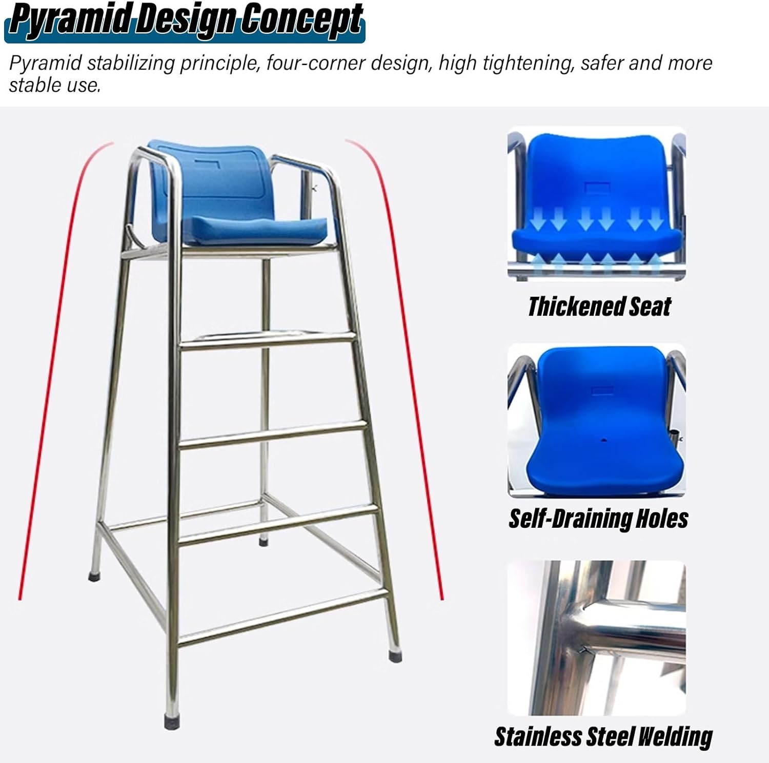 Heavy Duty Lifeguard Chairs for Public Pools, Stainless Steel Ladder Stool for Waterparks, Tall Outdoor Deck Chairs for Beach, Lake, Garden, Backyard - 180CM, Silver