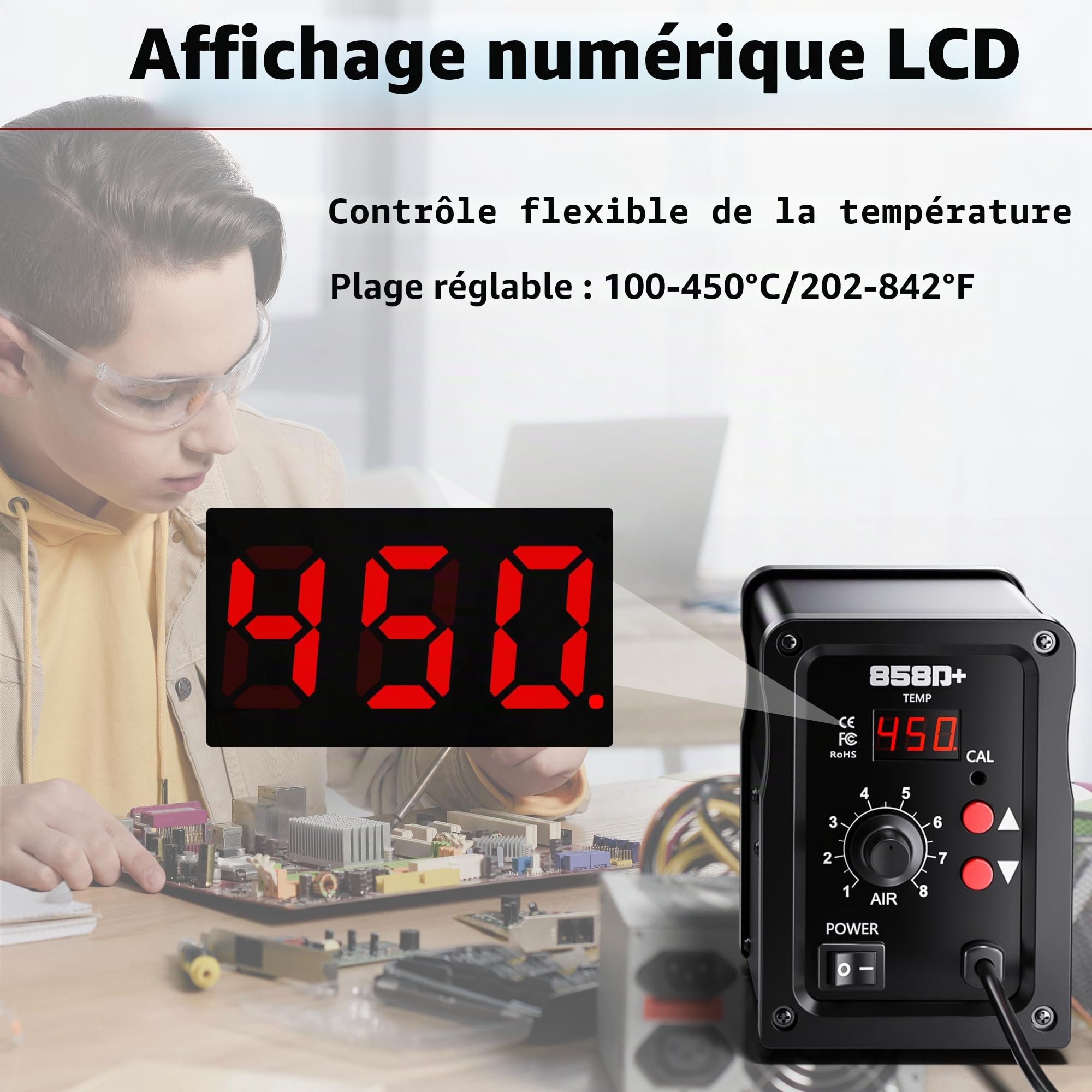 Station de Soudage à Air Chaud 700 W, Station De Soudage à Air Chaud 858D Avec Écran LED, 3 Buses, Température Réglable De 100 à 450 °C, Station De Dessoudage SMD Pour Bricolage, Réparations