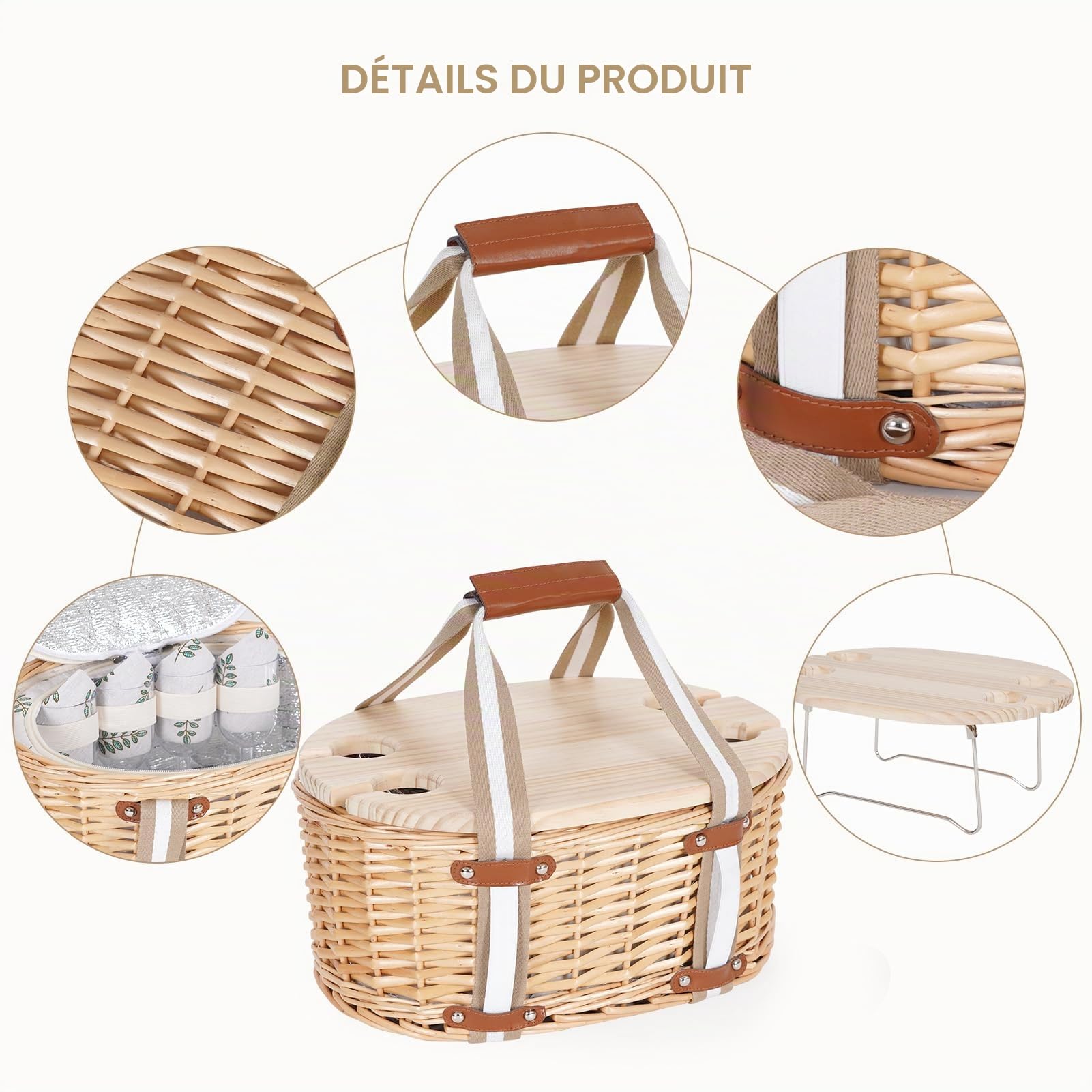 Panier de Pique-Nique Zettfuly pour 4 Personnes - Panier en Osier Isotherme avec Table à vin Pliante, kit de Pique-Nique à vin avec Doublure pour Couples, Camping, extérieur, Saint-Valentin (Feuille)