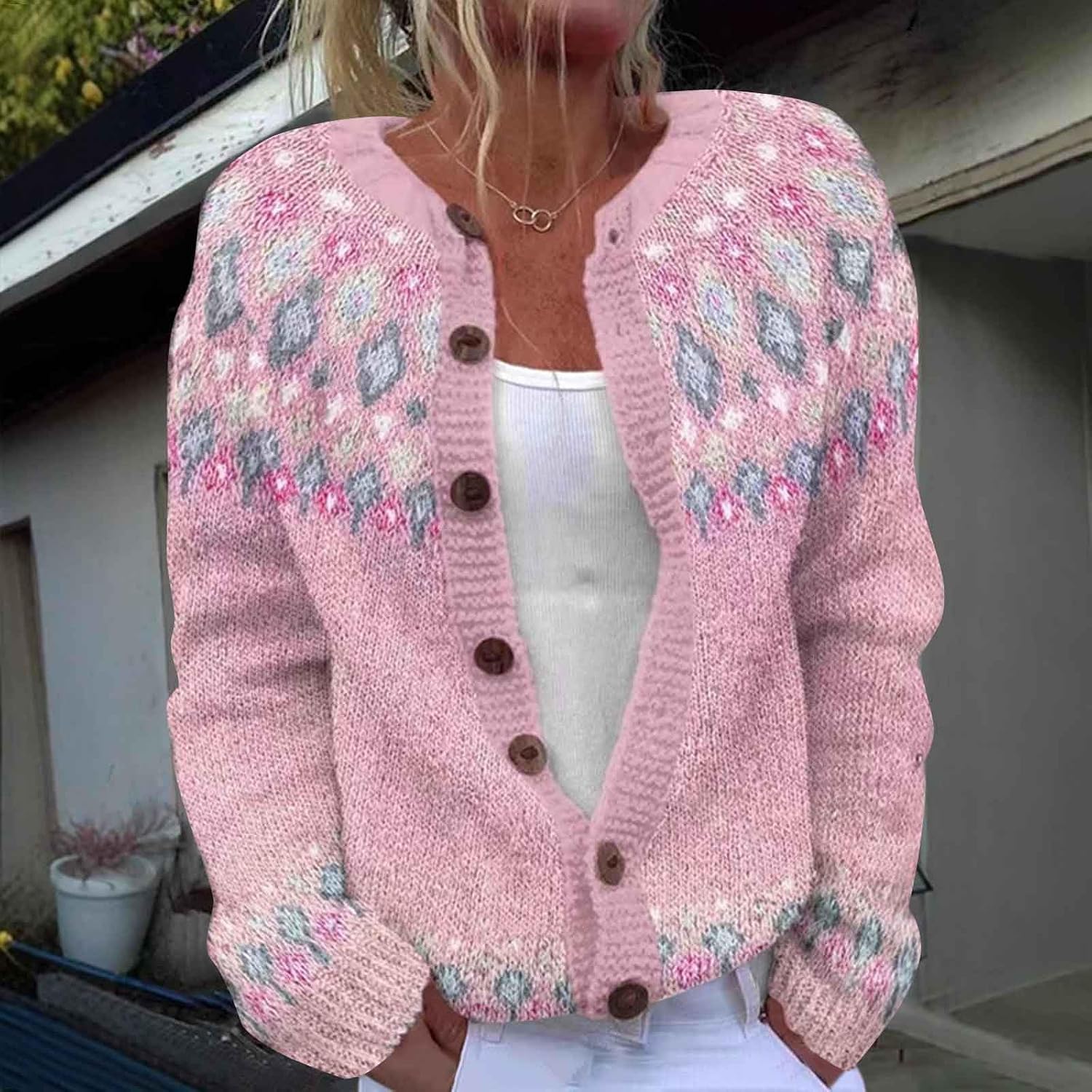 Womens Fair Isle Sweaters Vintage Argyle Iceland Norway Cardigan Sweater Colorful Crew Neck Long Sleeve Cardigans
