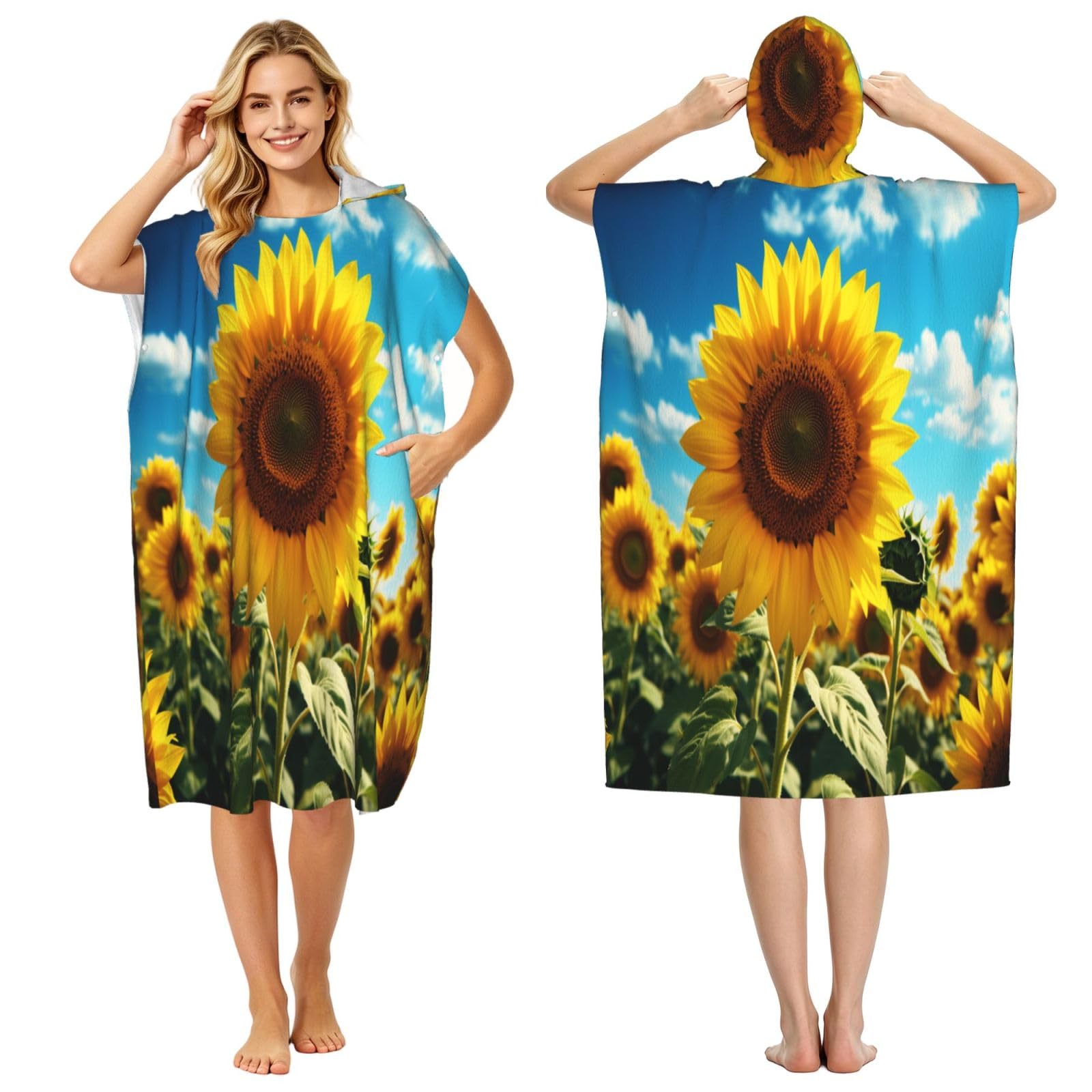 KLGRTJHK Blooming Sunflowers Adult Hooded Beach Poncho Towel 43"X35"