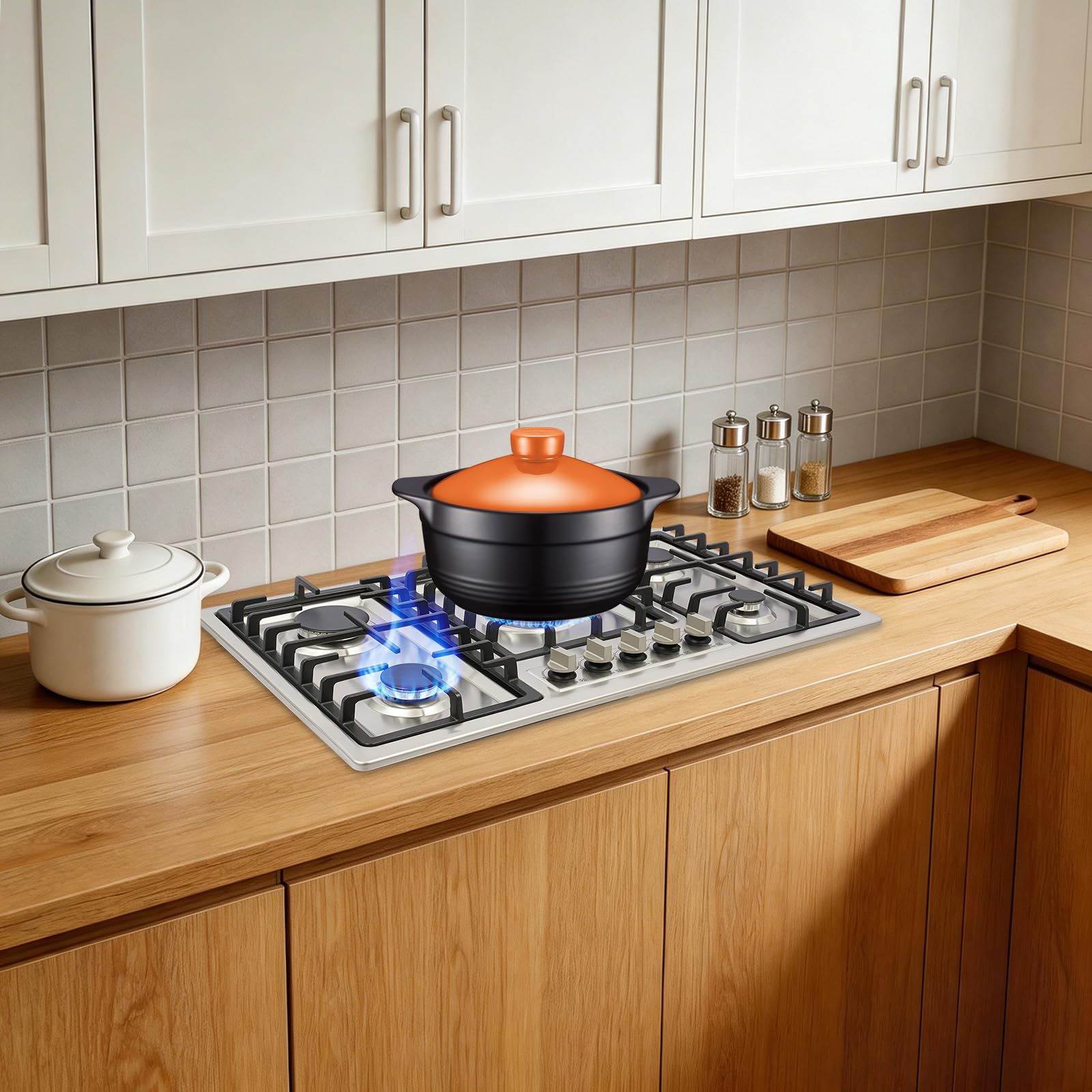 Plaque de cuisson à gaz, 5 flammes, en acier inoxydable, plaque à gaz encastrable avec protection contre la coupure de flamme, 3,3 kW/2,75 kW/1,75 kW/1 kW, pour la maison, le restaurant