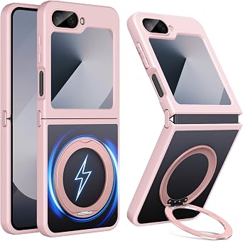 Magnetic for Samsung Galaxy Z Flip 7 fe/6/5 Case with Ring Stand [Military Drop Protection] Shockproof Slim Clear Phone Cases Invisible Stand Transparent Back Pink 31-zflip7 fe-03