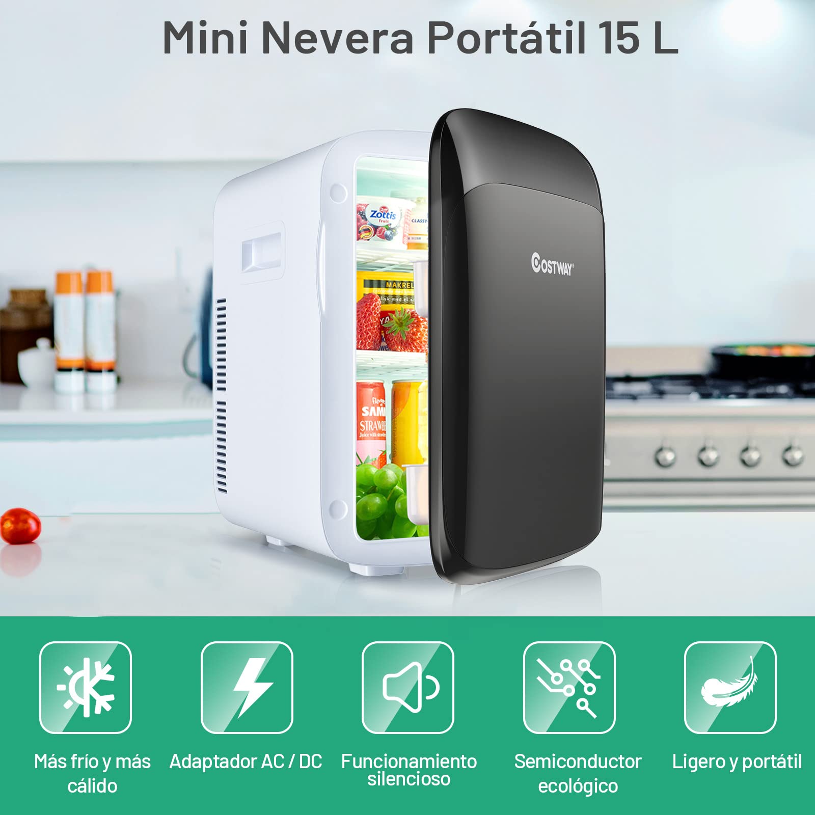 COSTWAY 15L Mini Nevera 2 en 1 Función de Enfriamiento y Calefacción,Enfriador Calentador 5 ℃ ~ 50 ℃ Congelador Portátil para el Automóvil Hogar Clase Energética E(negro)
