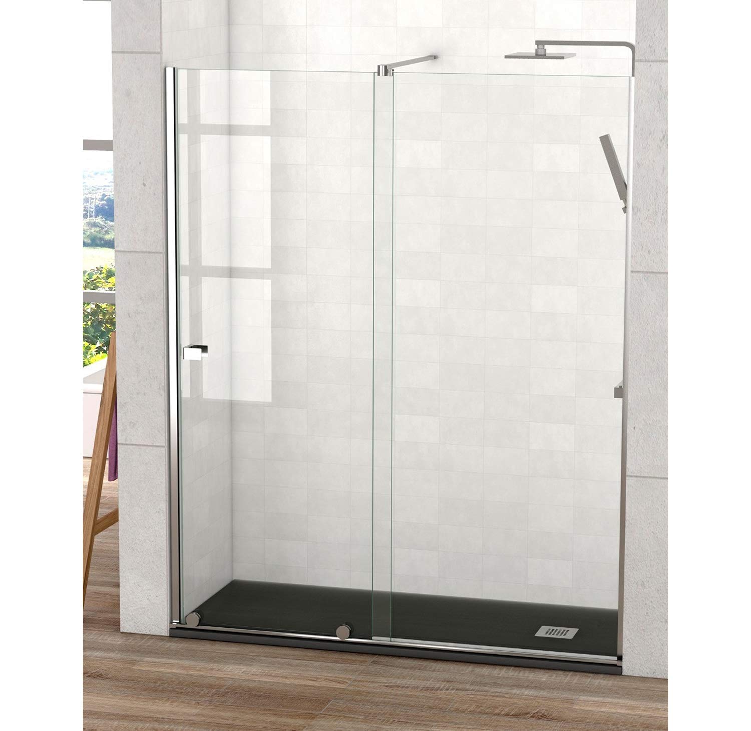Mampara de Ducha Moderna FRONTAL CORREDERA Málaga Cromo – Fijo y puerta Corredera TRANSPARENTE – Cristal Templado 200cm Altura - Tratamiento ANTICAL y 8mm de espesor - Cromo, 185 cm