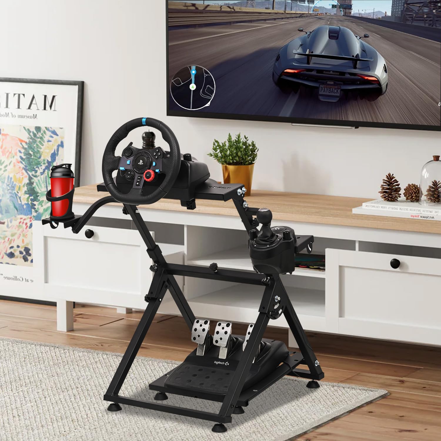 CXRCY Racing Wheel Stand with Cup Holder Height Adjustable & Foldable Steering Wheel Stand Compatible with Logitech G920 G29 G27 G25 Gaming Cockpit (Wheel and Pedals Not Included) - Image 9