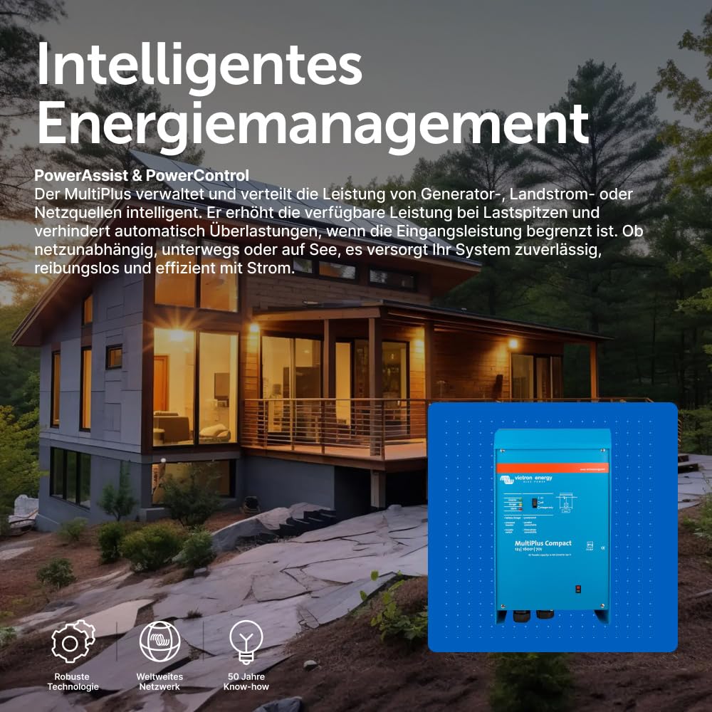 Victron Energy MultiPlus Compact 12/1600/70-16 Wechselrichter-Ladegerät – 1600VA Ausgang, 70A Batterieladung, 230V VE.Bus, Effizientes Design für Solar- und Mobilanwendungen