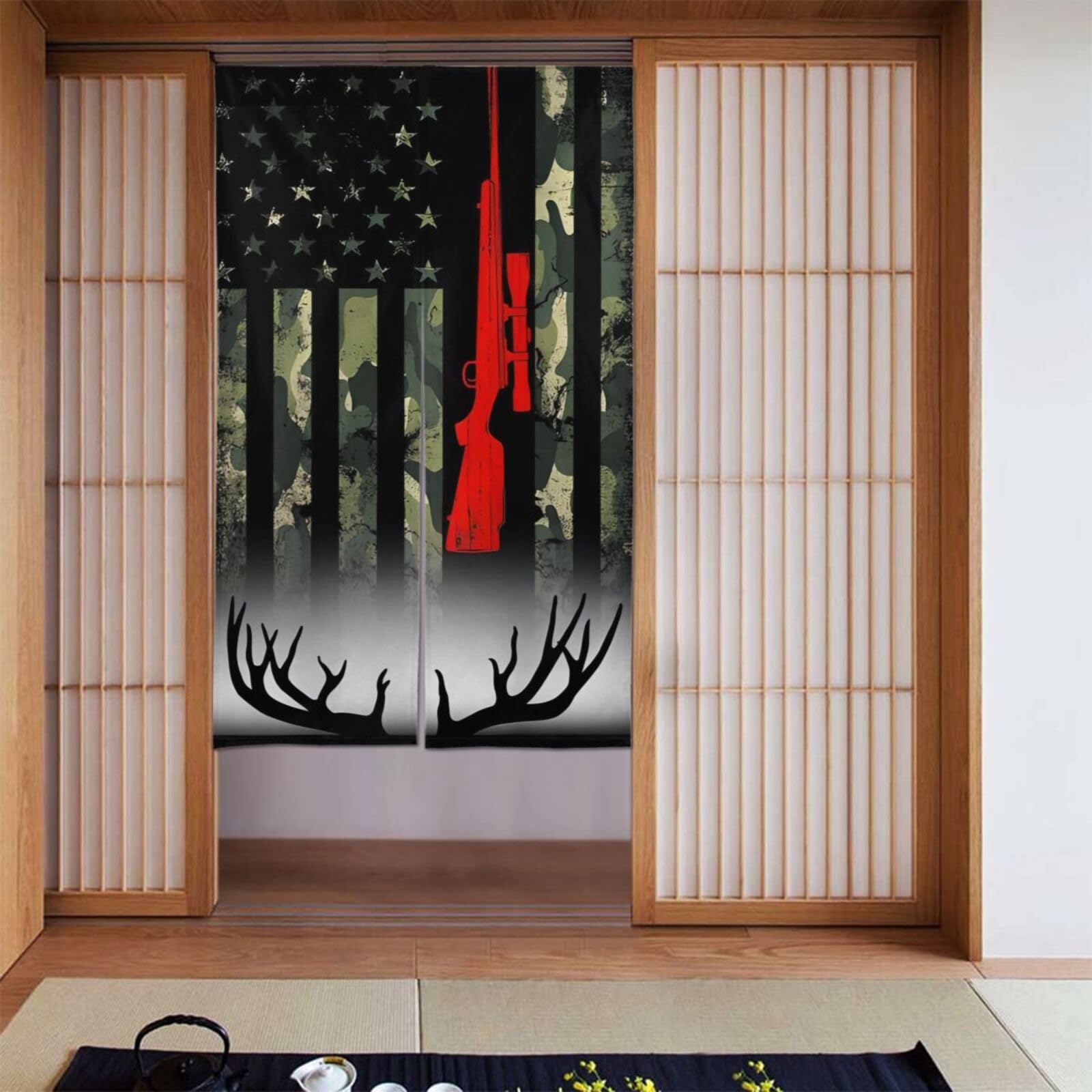 Lukiyys Vintage Deer Hunting Camo American Flag with Gun Door Curtains,Doorways Curtains for Windows,Bedroom Divider 34"X 56"
