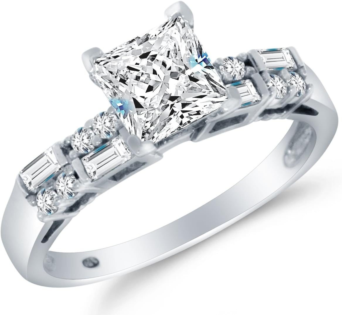 Solid 14k White Gold CZ Cubic Zirconia Bridal Engagement Ring w/Matching Wedding Band Two Ring Set - Princess Cut Solitaire with Round & Baguette Side Stones (2.25cttw., 1.0ct. Center)