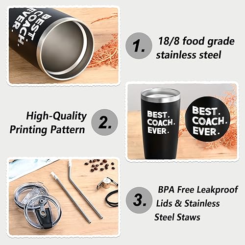 Miniatura 6 de Regalos para entrenadores, vaso de viaje de acero inoxidable con tapas, pajitas y silbato para entrenadores, regalos de entrenador de fútbol y