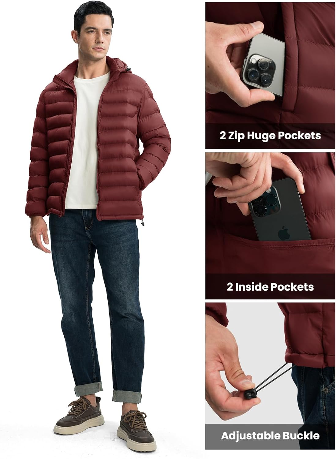 TBMPOY Men's Lightweight Puffer Jackets Detachable Hood Water-Resistant Casual Winter Coat Hooded Insulated for Travel Ski - Image 5