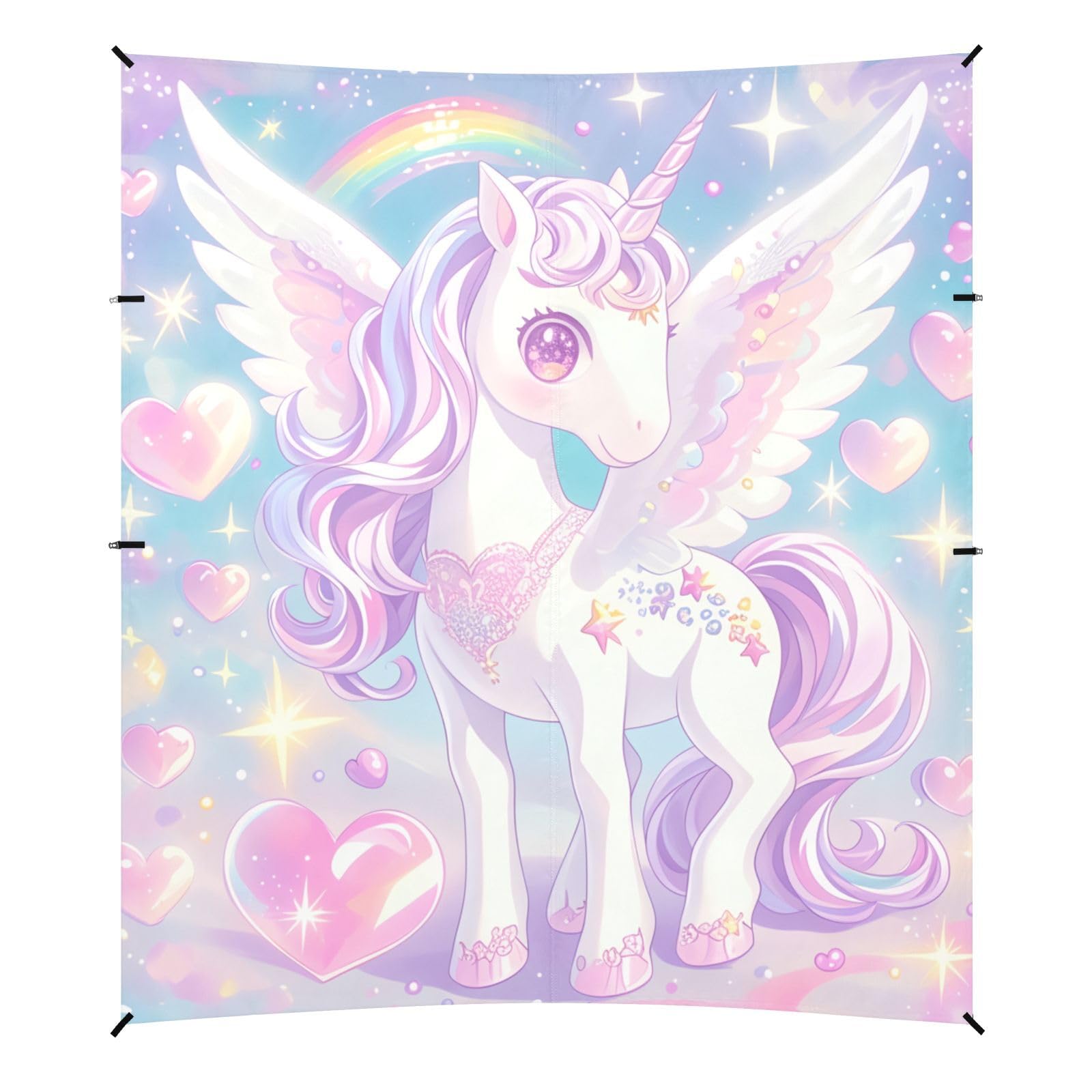 Cute Cartoon Unicorns Glitter Hearts1 Beach Tent & Canopy UPF50+ Easy Setup Large Sun Shade with Sand Shovel for Camping, Fishing, Backyard Fun