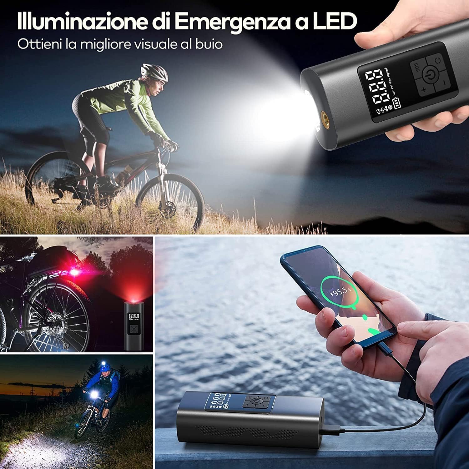 SQUADO Mini Compressore Aria Portatile Auto Gonfiatore Elettrico Multifunzionale con Display LCD