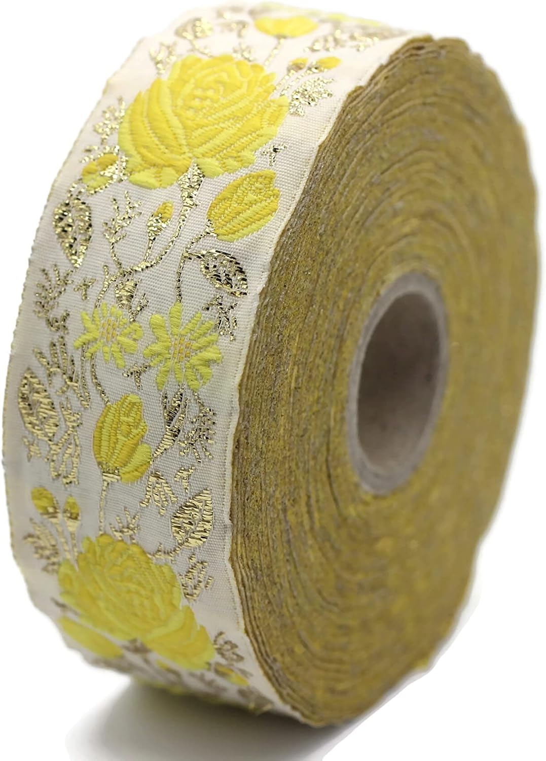 11 Yard Spool 1.37" Yellow White Rose Flowers Jacquard Ribbon Trim Woven Border Floral Embroidery Lace Tape DIY Craft Accessories Embellishment 35089