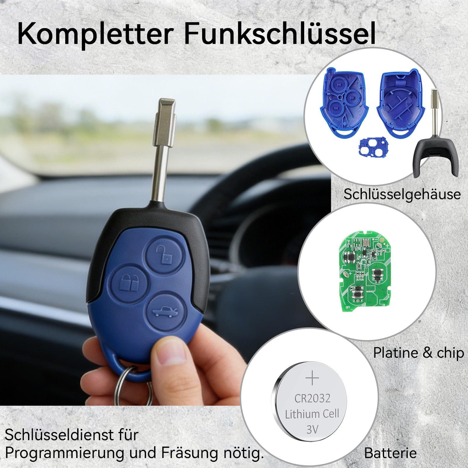 3 Tasten Fernbedienungsschlüssel für Ford Transit MK7, Blau, 433 MHz, mit CR2032 Batterie, 2006–2014