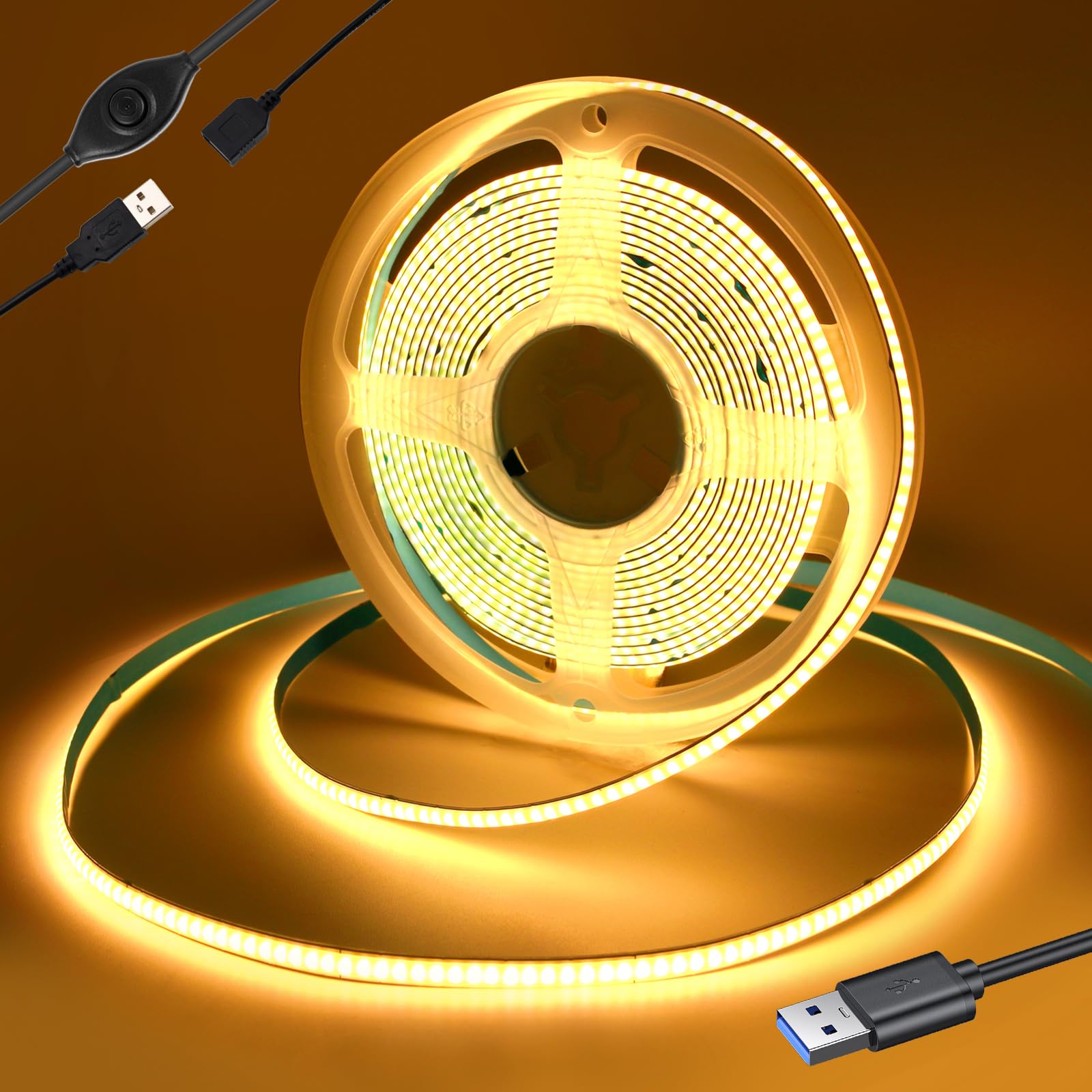 Rye Warm White 3000K Usb Power 0.5M 5V Cob Led Strip Light Kit, ,320Leds/M,Cri80+,Flexible Rope/Tape Light For Tv Monitor Backlight,Mirror,Cabinet,Wardrobe,Cupboard Diy Lighting,With Dimmer.
