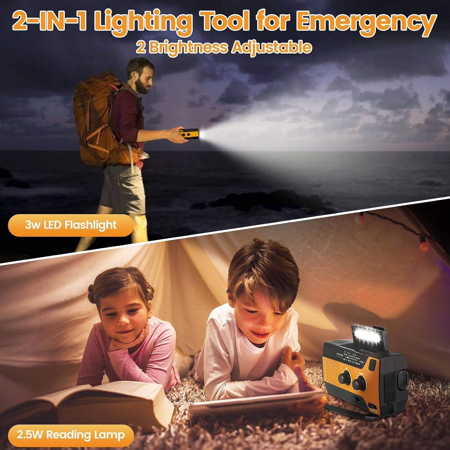 4000mAh/14800mWh Emergency Radio, Solar Hand Crank Emergency Radio - NOAA Weather Radio with AM/FM/NOAA Weather Alert, Reading Lamp, Flashlight, Cell Phone Charger and SOS Siren (Orange)