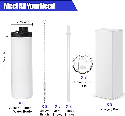 Miniatura 5 de Paquete de 8 botellas de agua de sublimación en blanco de 20 onzas, botella de agua deportiva de sublimación con asa, vaso de sublimación de acero