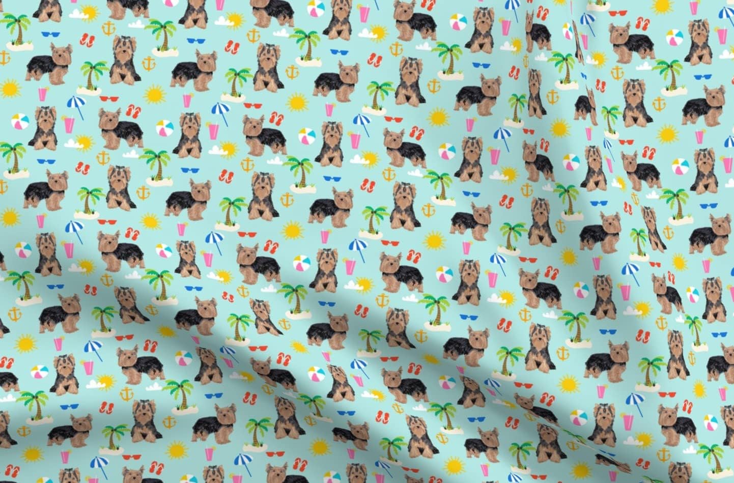 Spoonflower Fabric - Yorkie Yorkshire Terrier Summer Beach Cute Dog Light Blue Dogs Pets Printed on Organic Cotton Sateen Fabric by The Yard - Sewing Quilting Apparel Home Decor