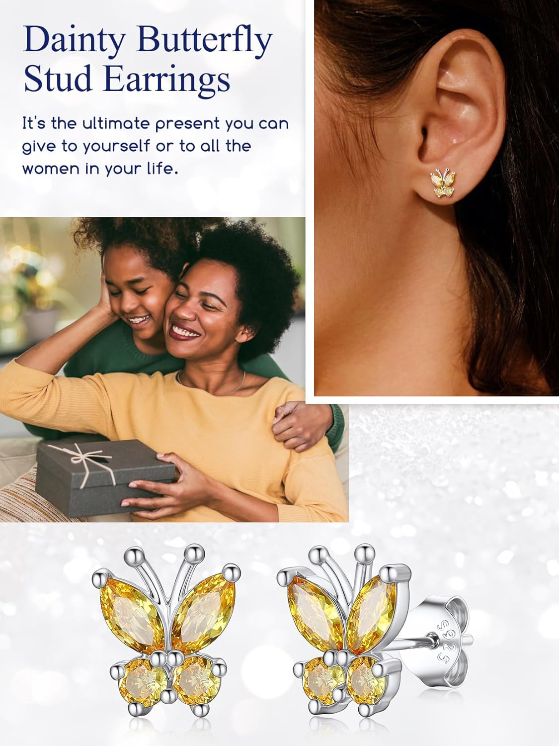 Suplight Butterfly Stud Earrings for Women, 14K Gold & Silver Birthstone Cubic Zirconia, Hypoallergenic Surgical Steel Sterling Silver Post, Sensitive Ears Friendly, Everyday Wear Women’s Jewelry Gifts - Image 6