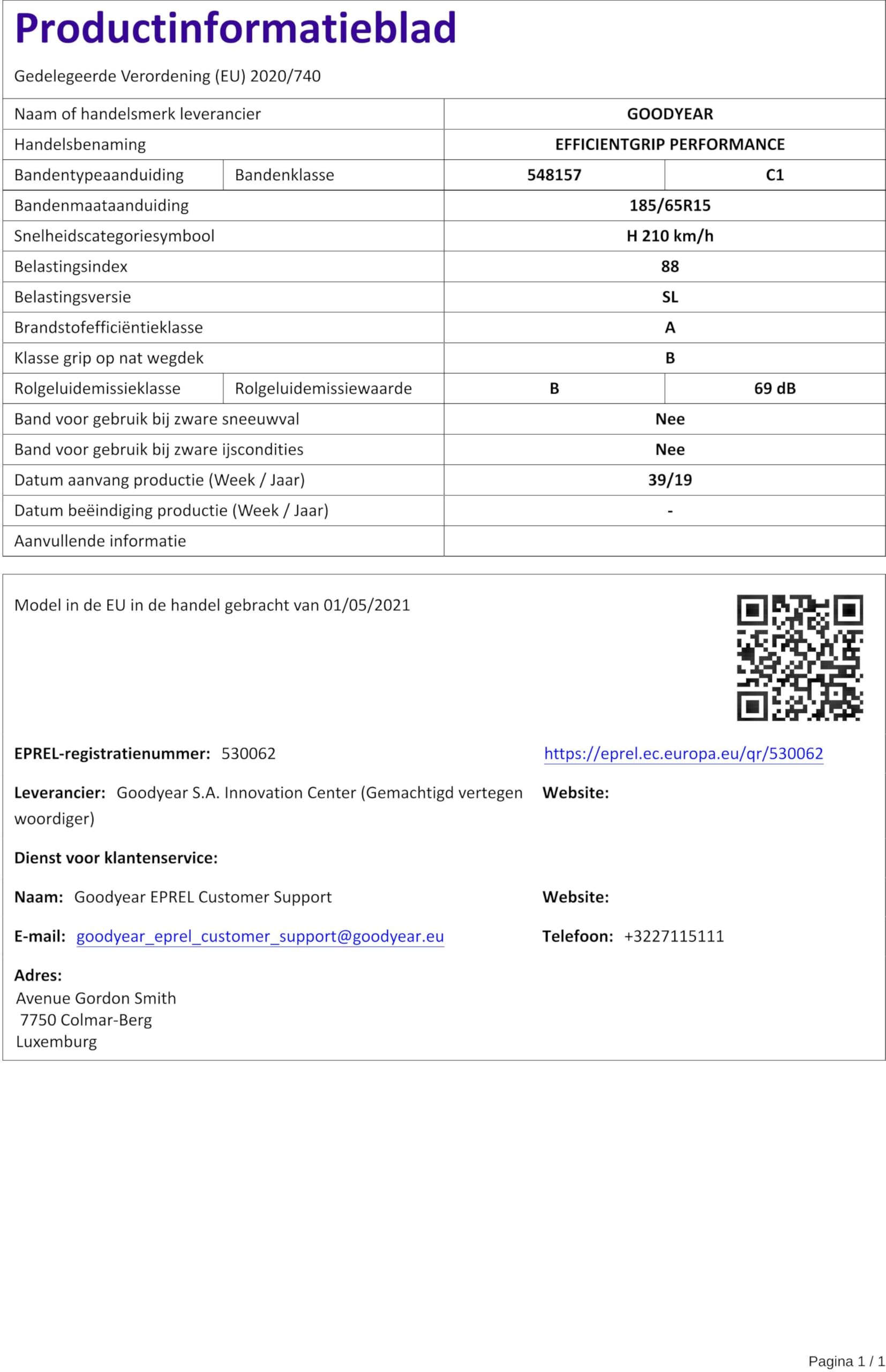 Goodyear 79203 Pneumatico 185/65 R15 88H Efficientgrip Performance