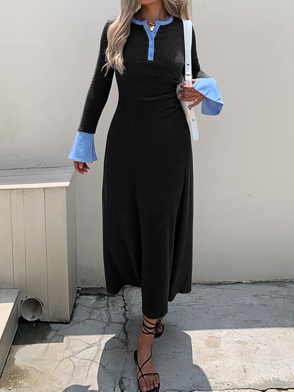 Womens Sweater Dress V Neck Ribbed Maxi Dress Long Bell Sleeves Button Down Slim Fit Bodycon Casual Knit Dress - Image 3