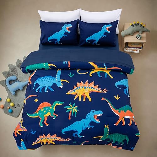 A Nice Night - Juego de ropa de cama con estampado de dinosaurios en azul marino para niños, juego de edredón tamaño individual, ultrasuave con