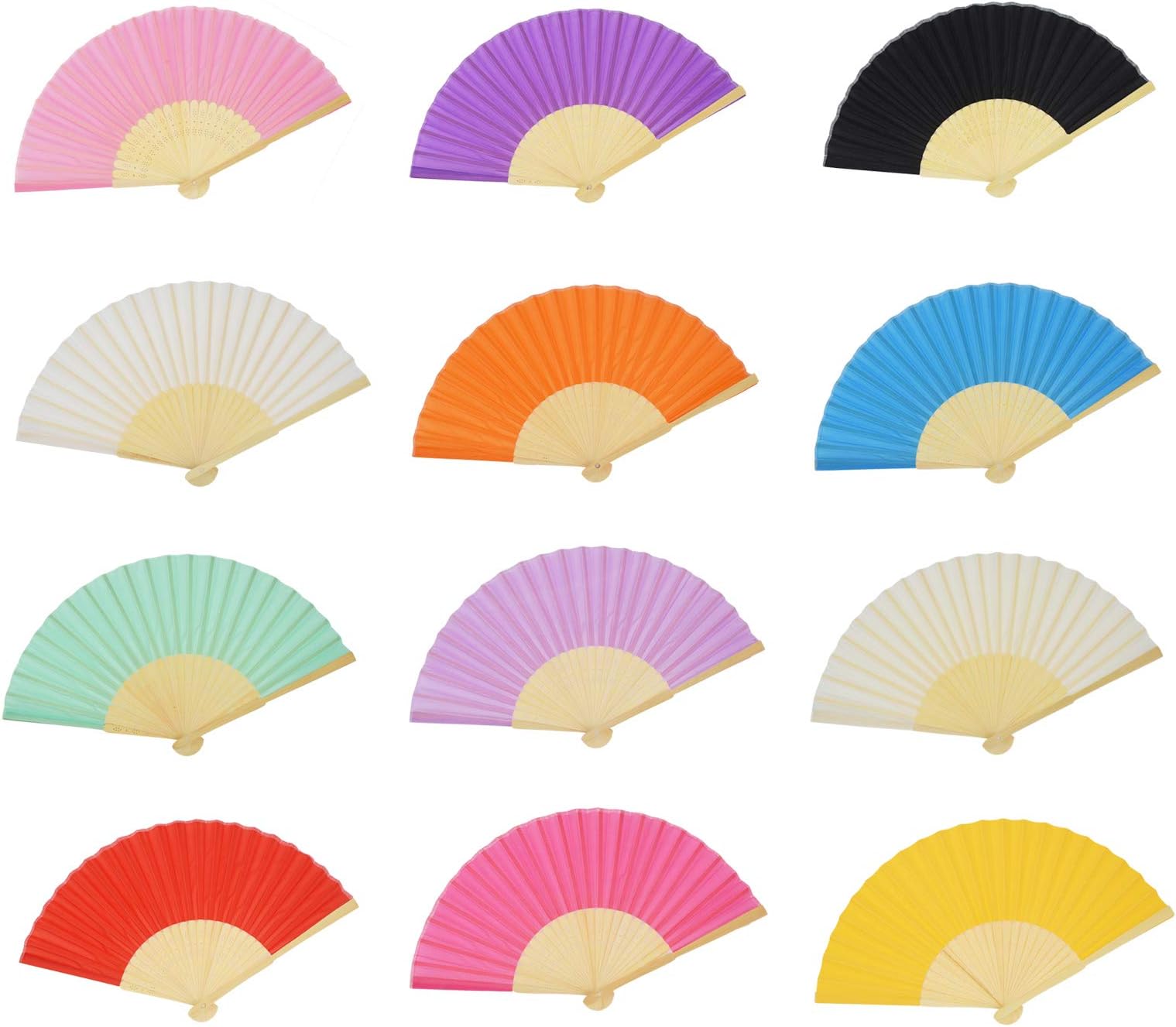 Wuyuxibo 12 Pack Silk Folding Fan Bamboo Handheld Fans Silk Folded Fans, for Home Decoration, DIY Decoration and Wedding (12 Colors)