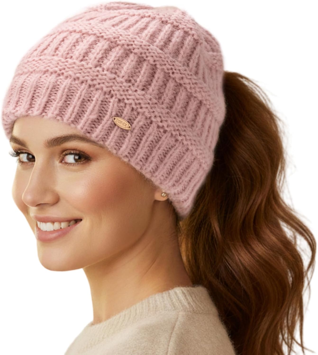 TOP-EX ChicPony™ Winter Hat for Women Fleece Lined 50% Merino Wool Beanie with Hidden Ponytail Hole & Detachable Faux Fur Pom