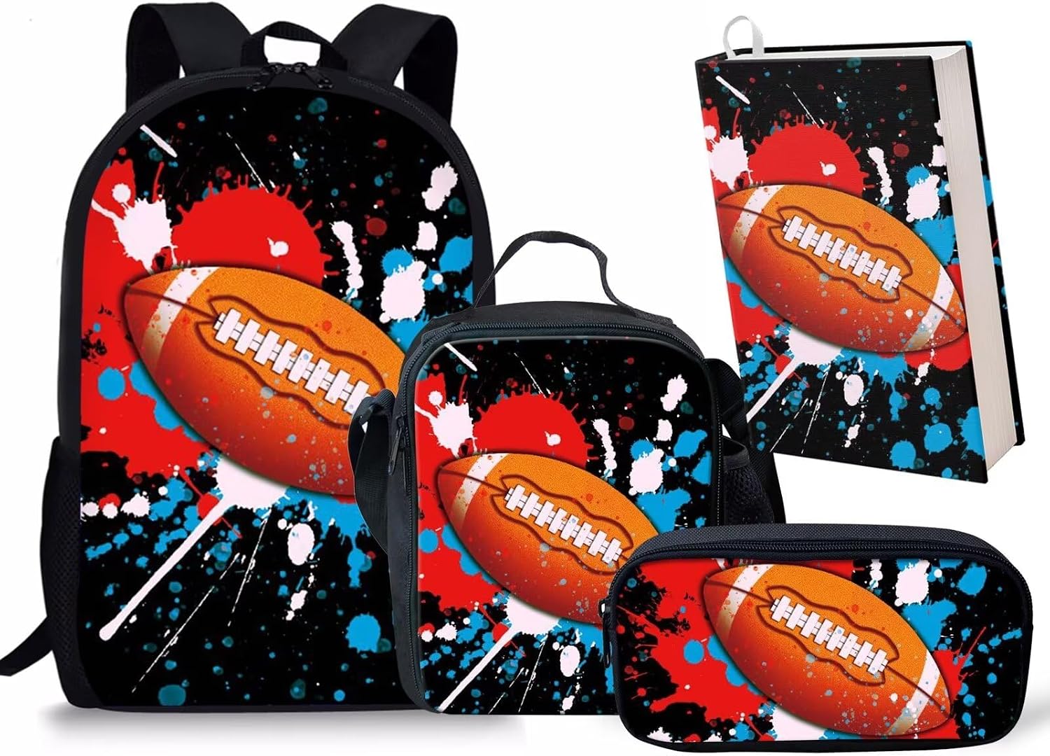 Rnyleeg Kids Boys Rugby Football Pattern Bookbag for Elementary School Bag Backpack+Insulated Lunch Box+Pencil Holder+Jumbo Book Sleeve Covers Set