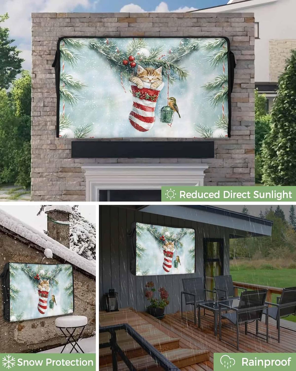 Christmas Pine Branch Outdoor TV Cover 70"-75" - 600D Waterproof TV Cover Weatherproof TV Screen Protector Dustproof Winter Cat on Xmas Stocking Berry Green TV Display Protector for Flat Screen TV