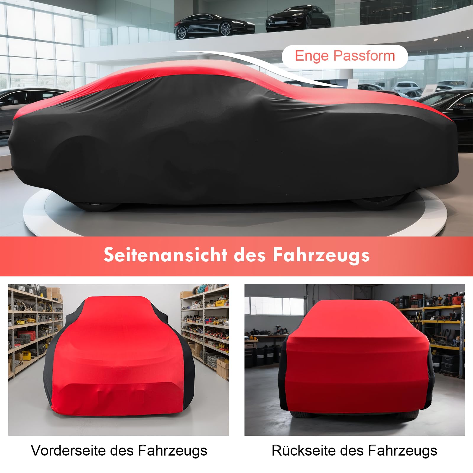 Autoabdeckung Indoor, Staubdichte Stretch, Rot & Schwarz - XL | Weich & Luftdurchlässig, für Limousine, Sportwagen, SUV, Abdeckplane Auto Indoor Winter Universal Autogarage
