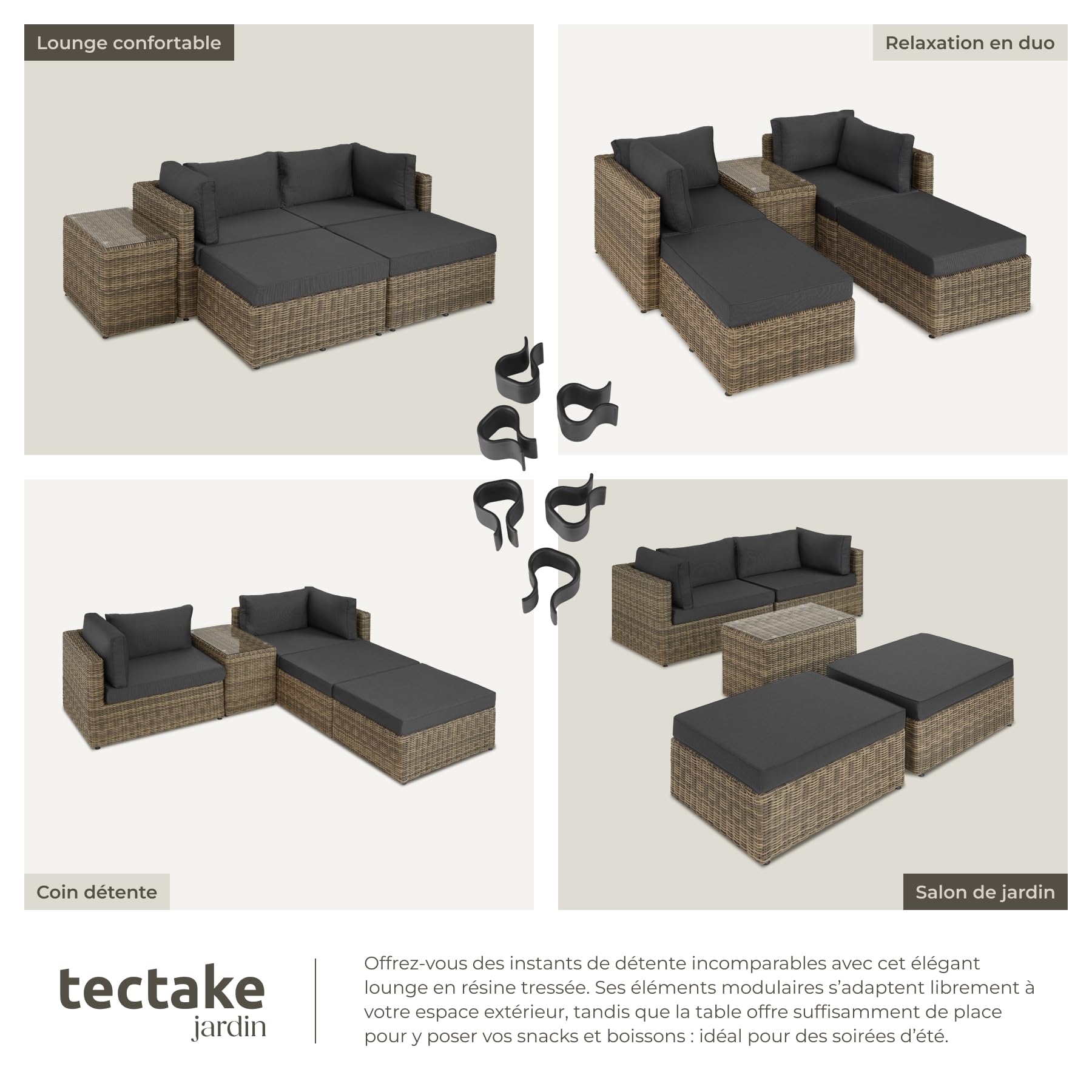 tectake® Ensemble Salon de Jardin Exterieur Modulable Canapé Bain de Soleil en Poly Rotin et Aluminium 4 Personnes, Table de Jardin en Verre Incluse, Mobilier de Jardin pour Amenagement Balcon