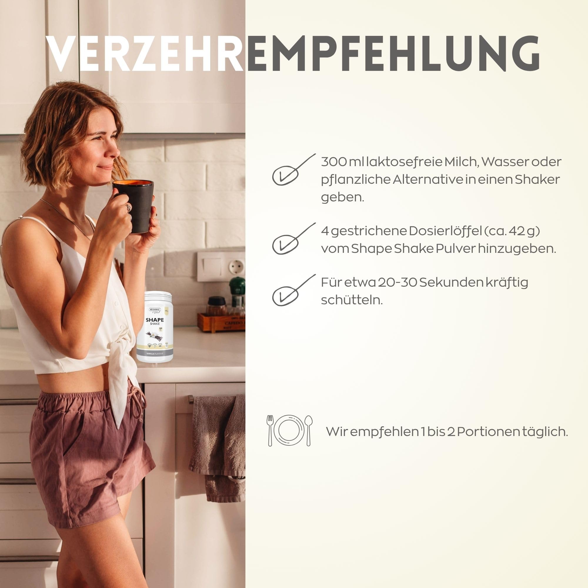 MEGAMAX Shape Shake Vanille - Abnehm Drink mit 27 g Highprotein - Mahlzeitersatz mit Glucomannan - Shake mit Vitaminen & Mineralstoffen - 425 g Pulver - geeignet bei Gewichtsmanagement