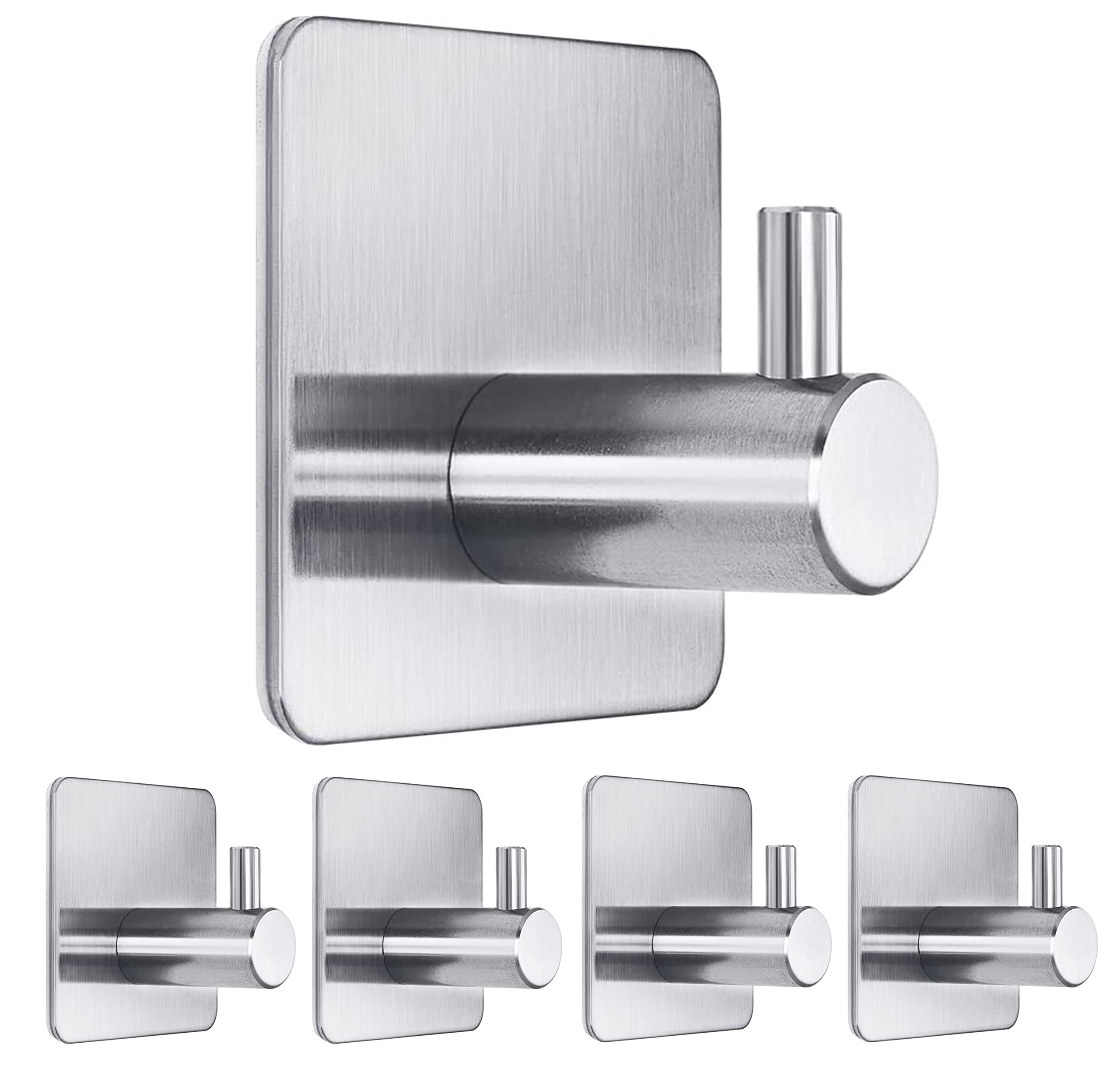 JIALTO 5 PCS Adhesive Hooks Heavy Duty Wall Hooks Waterproof Stainless Steel Hooks for Hanging Coat, Hat,Towel Robe Hook Rack Wall Mount- Bathroom and Bedroom (Square Silver)