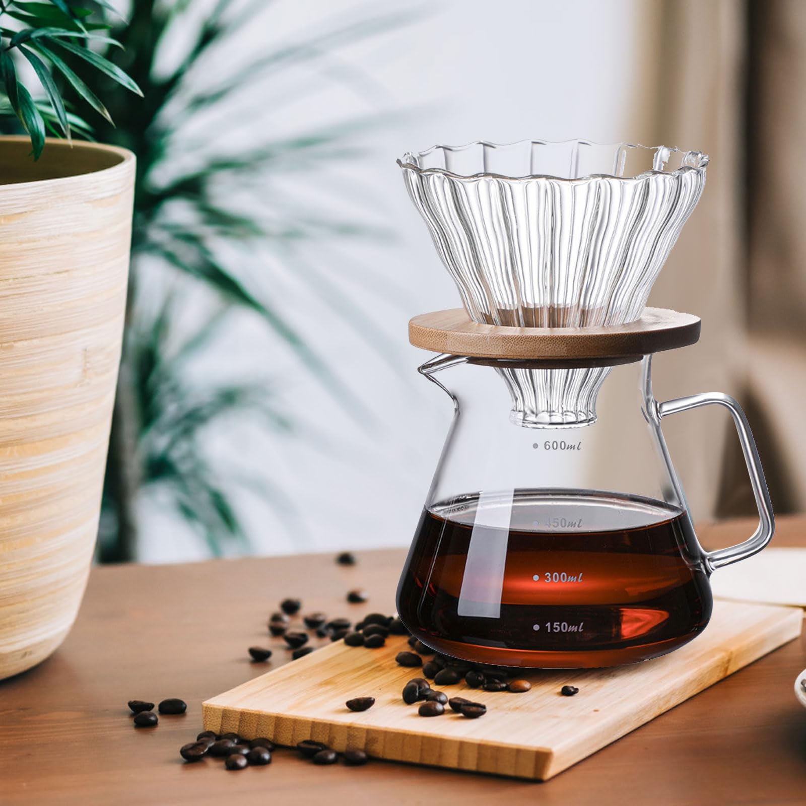 Cafetière Pour-Over en Verre 600ml - Manuelle avec Filtre et Couvercle - Infusée à la Main - Verseuse Transparente