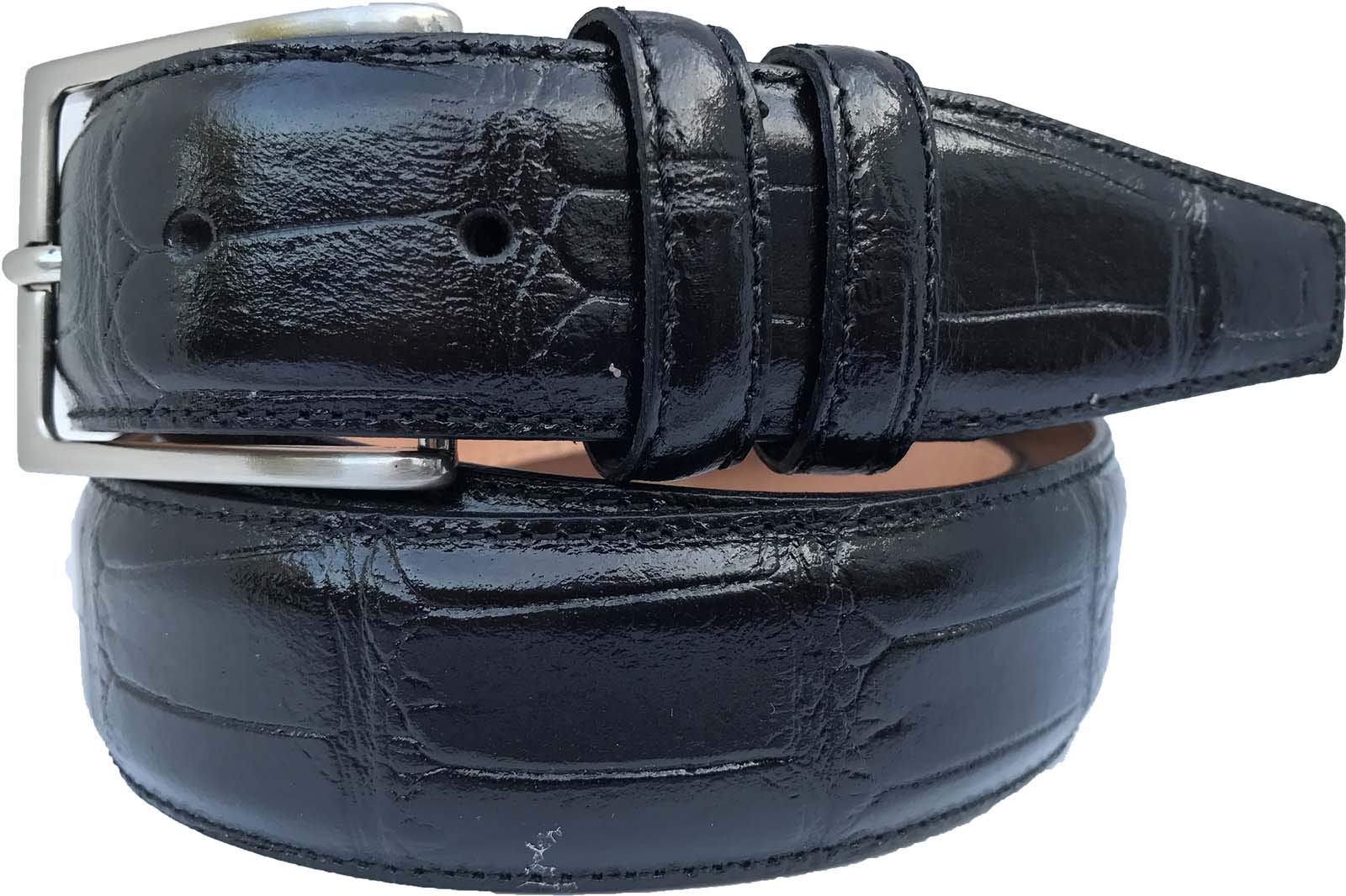 MENS CROCODILE PRINT ITALIAN LEATHER BELT BLACK (SMALL 30-32 INCHES)
