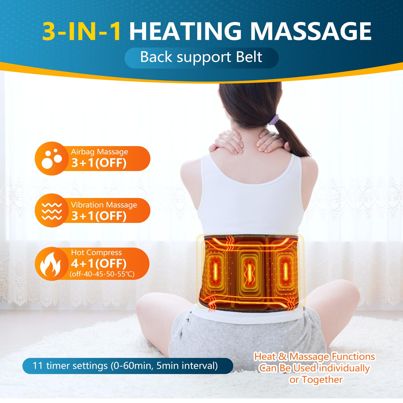 Kabelloser Stützgürtel mit Wärme- und Massagefunktion, Wärmekissen für die Taille mit 4 Massageprogrammen und 5 Temperaturstufen, Wohlgefühl für den Bauchbereich