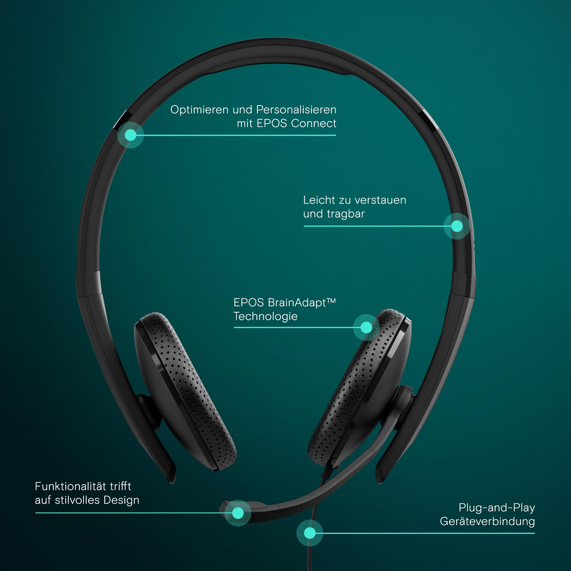 EPOS C10 USB-Headset mit Mikrofon, kabelgebundene Kopfhörer mit einfacher und flexibler USB-C-Verbindung und EPOS BrainAdapt-Technologie.