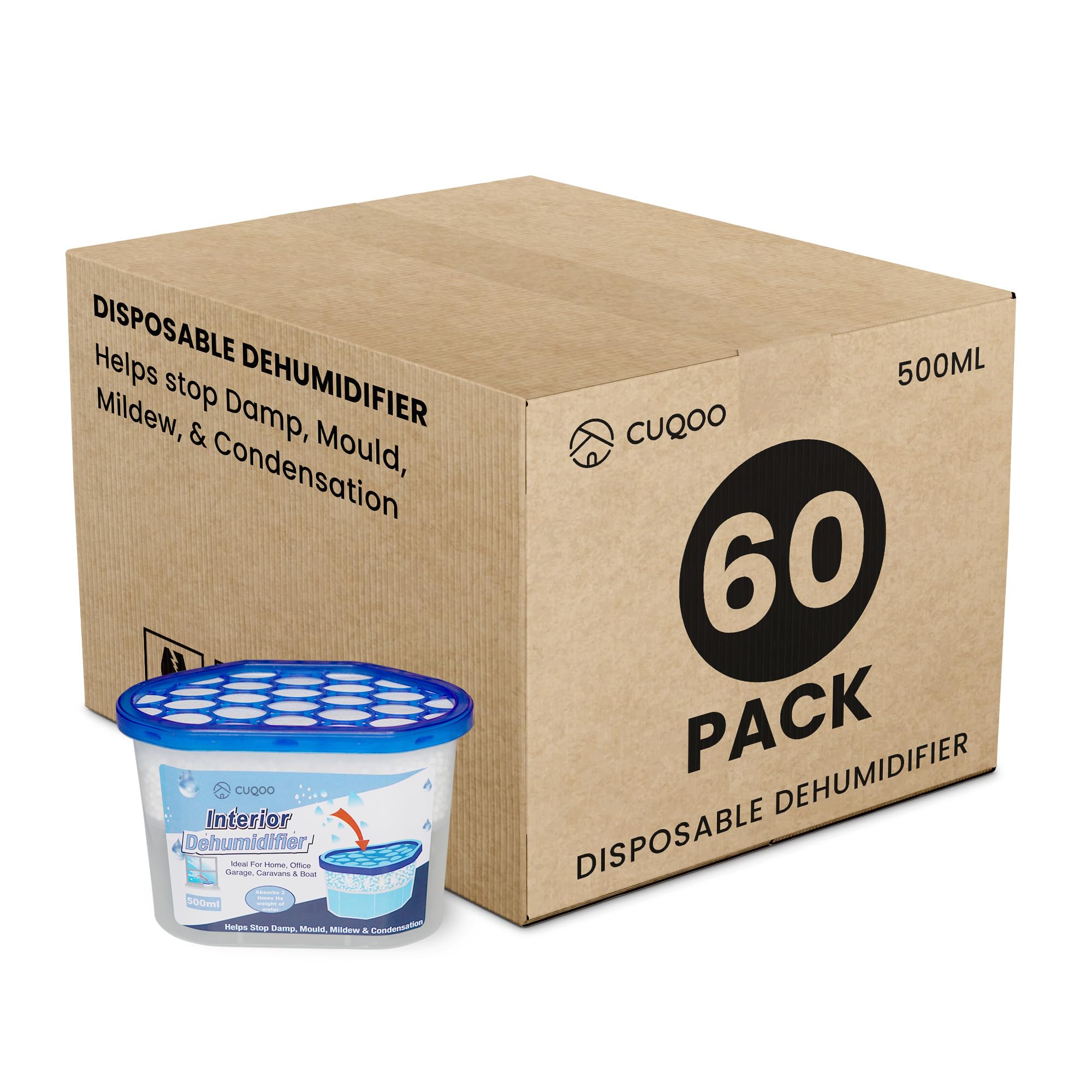 CUQOO Disposable Dehumidifier - 500ml Pack of 60, Damp & Moisture Absorber, Dehumidifiers for Damp, Mould, Kitchen, Wardrobe, Bedroom, Caravan, Office, Garage, Bathroom Condensation Remover โ image 1