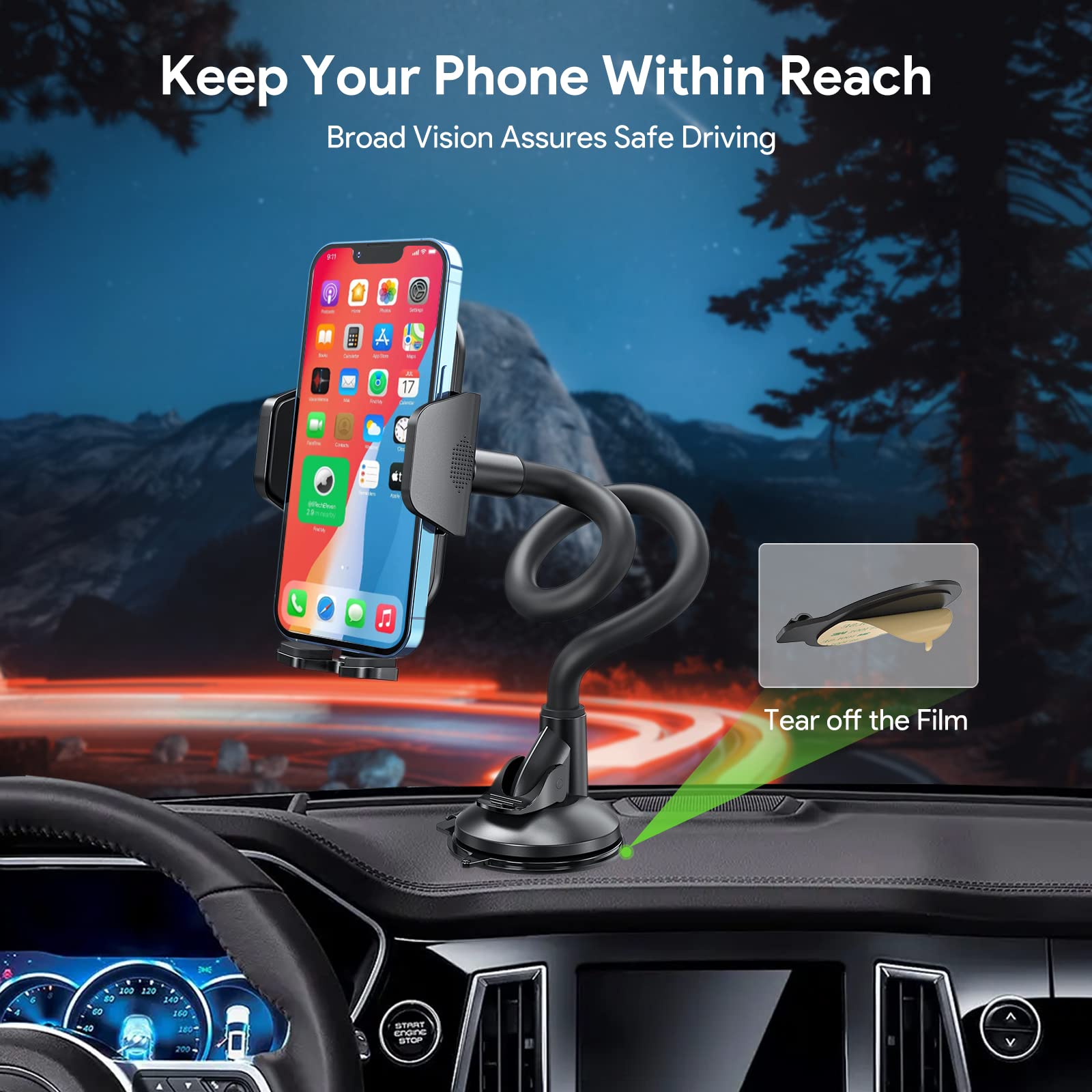Soporte flexible para teléfono de coche de 11 pulgadas, resistente, de brazo largo, para coche, camión, parabrisas, salpicadero, ventosa, soporte para teléfono de coche, estabilizador antivibración