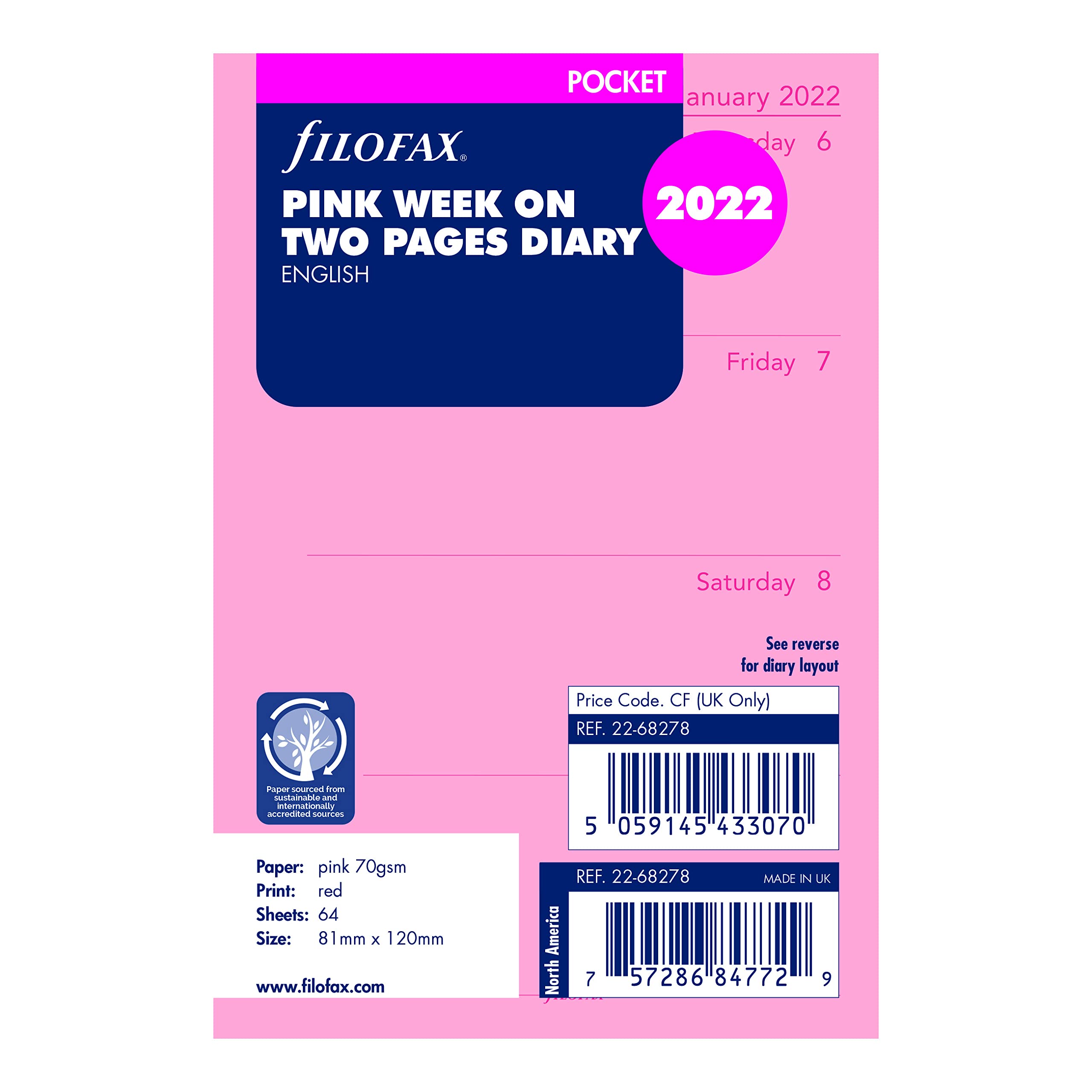Filofax - Ricarica tascabile, visualizzazione settimanale, carta rosa, senza righe, inglese, 2022 (C68278-22)