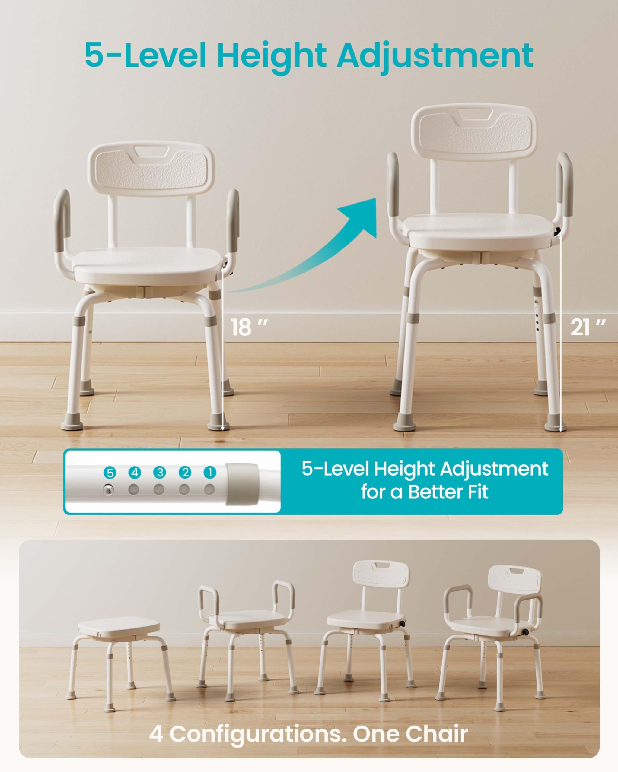 Silla de ducha giratoria para ducha interior, gira sin estar de pie, asiento de baño giratorio resistente de 660 libras con brazos y respaldo, altura ajustable de 18 a 21 pulgadas para personas