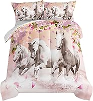 Vista 1 de HOSIMA Juego de ropa de cama para niñas con temática de caballos, juego de edredón estampado de flores de cerezo rosa con 2 fundas de almohada